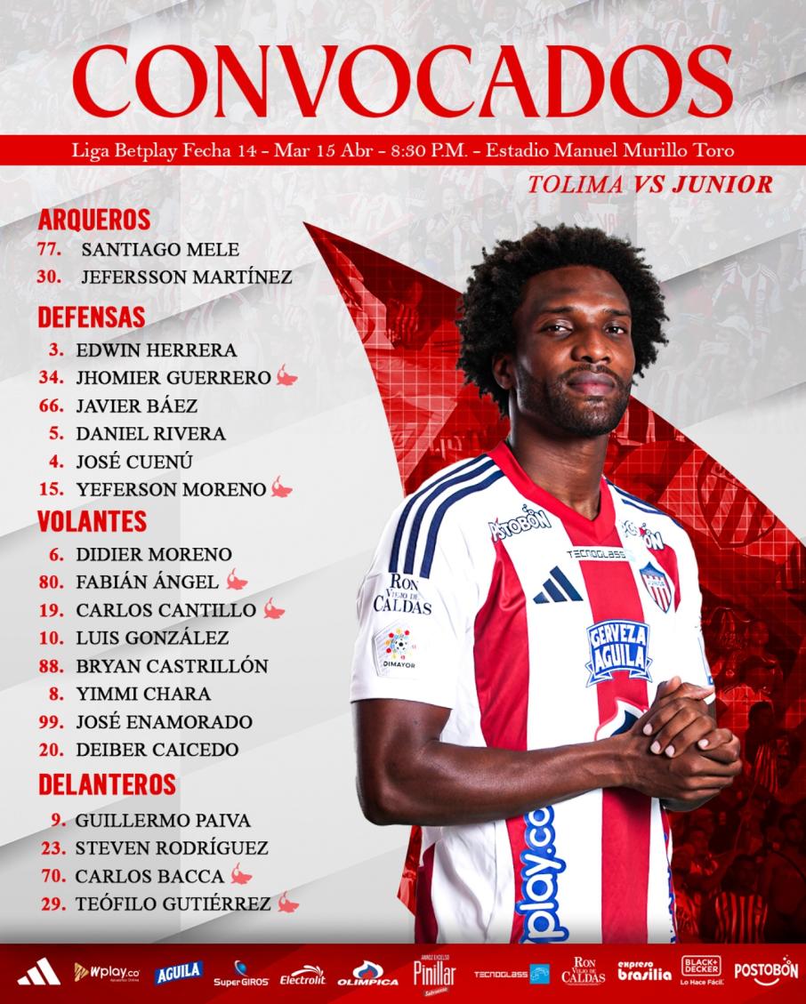 Los convocados de Atlético Junior para enfrentar en Ibagué a Deportes Tolima