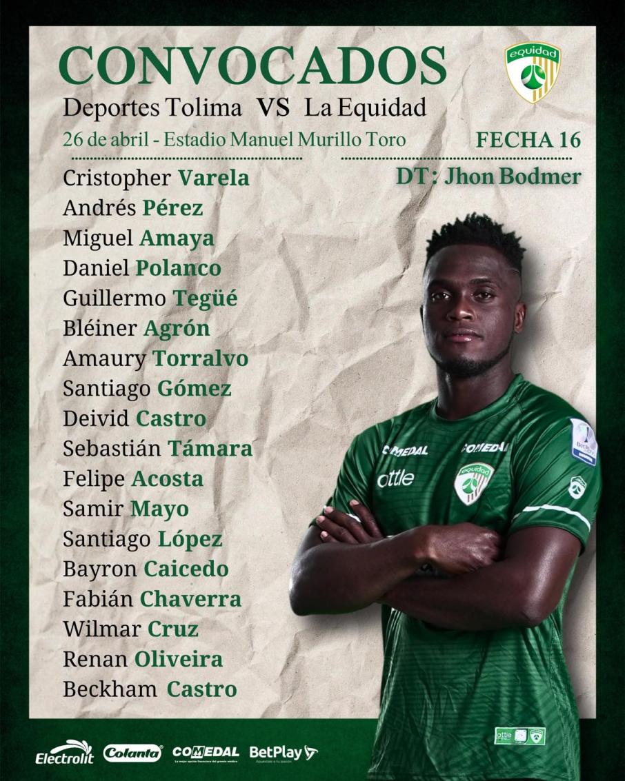 Convocados de La Equidad para el juego contra Deportes Tolima en Ibagué