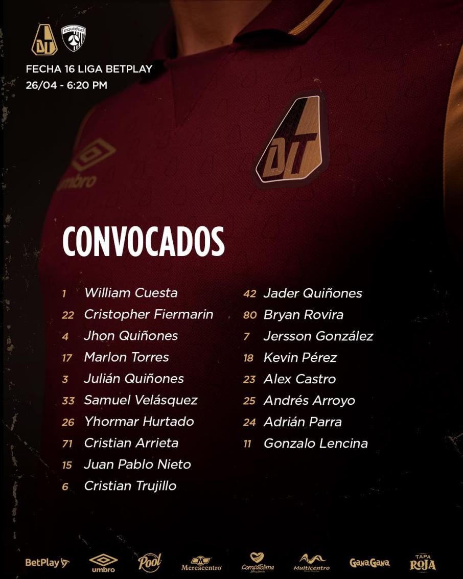 Los convocados de Deportes Tolima para el juego contra La Equidad en Ibagué