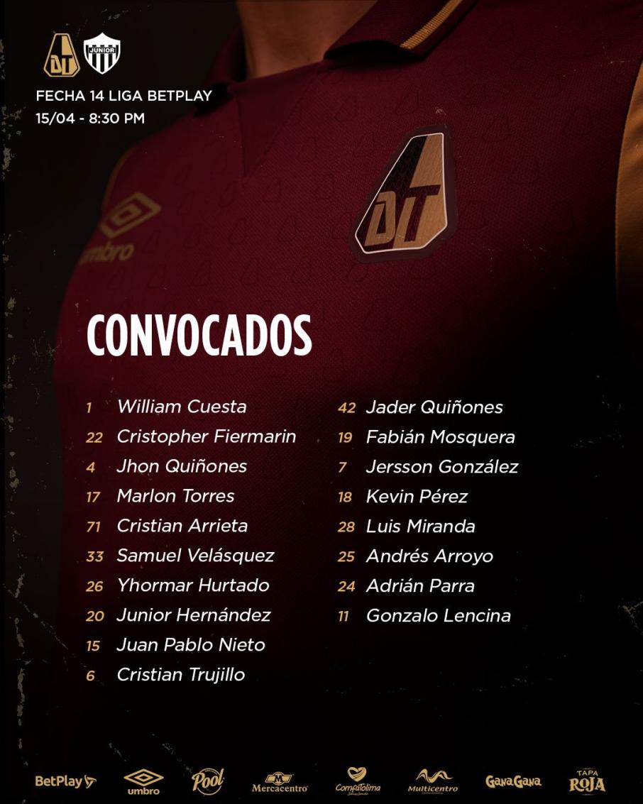 Convocados de Deportes Tolima para el juego en Ibagué contra Atlético Junior