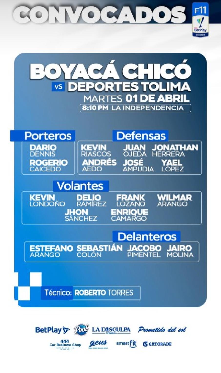 Los concentrados de Boyacá Chicó para el partido de hoy con Deportes Tolima