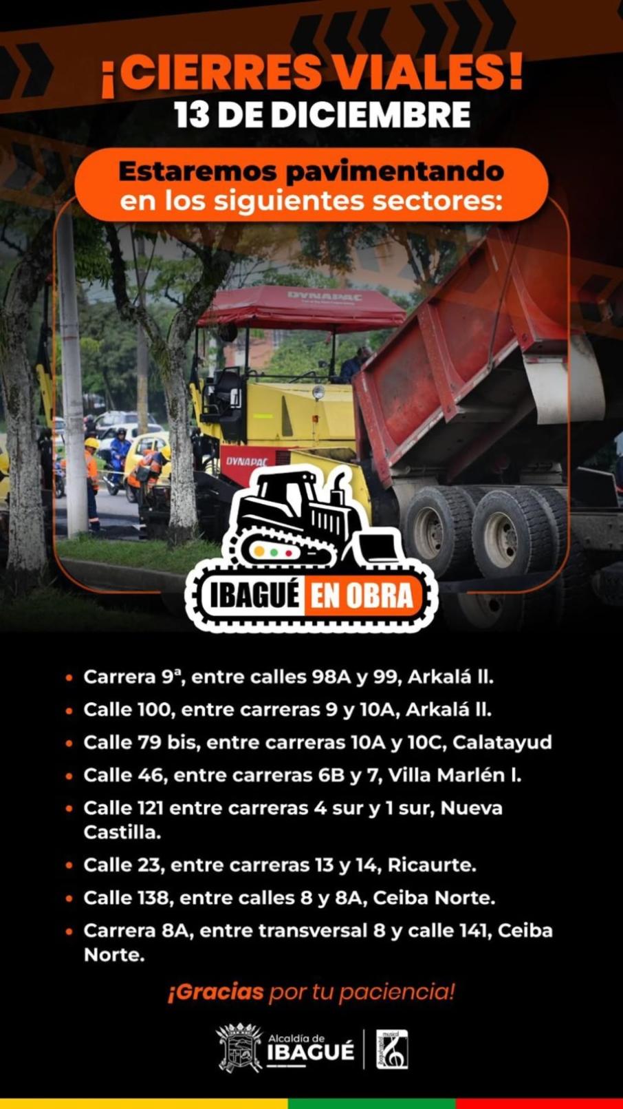 Sectores con obras de pavimentación en Ibagué