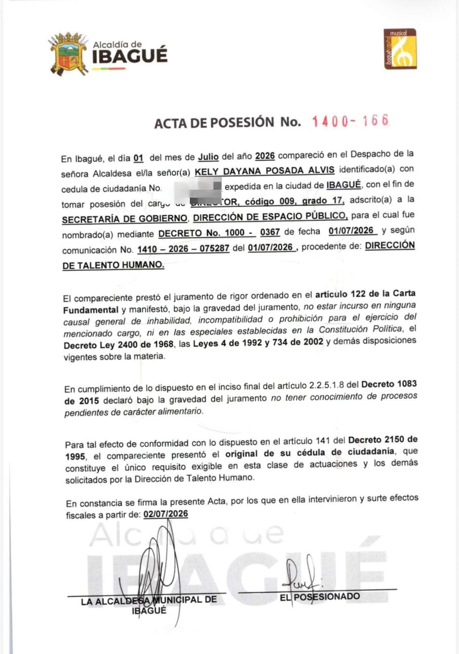 Kely Dayana Posada Alvis será la nueva directora de Espacio Público de Ibagué