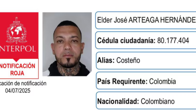 Ficha de alias 'El Costeño', suministrada por la Interpol.